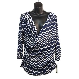 AGB Women's Blue/White Wrapped 3/4 Sleeves Stretch Top Blouse Size L NWT